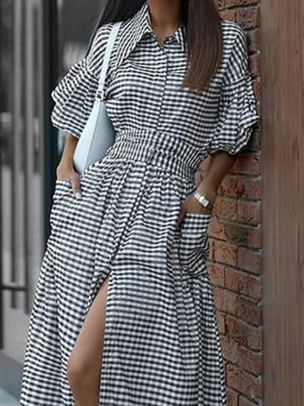New Fashion Plaid Lapel Shirt Dress for Women | Ruffle Flare Sleeve Buttoned Pocket Maxi Gown | Elegant High-Waist Front-Slit Office Lady Dress | Model 178717 Half Sleeve Floor-Length A-Line Dress Luxegan