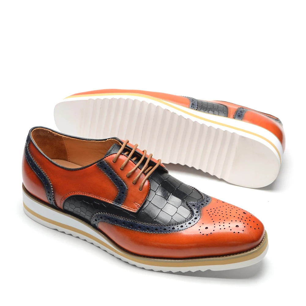 Italy Men's Wingtip Derby Shoes | Classic Modern Color Block Oxfords (Height Increasing, Genuine Leather) Luxegan