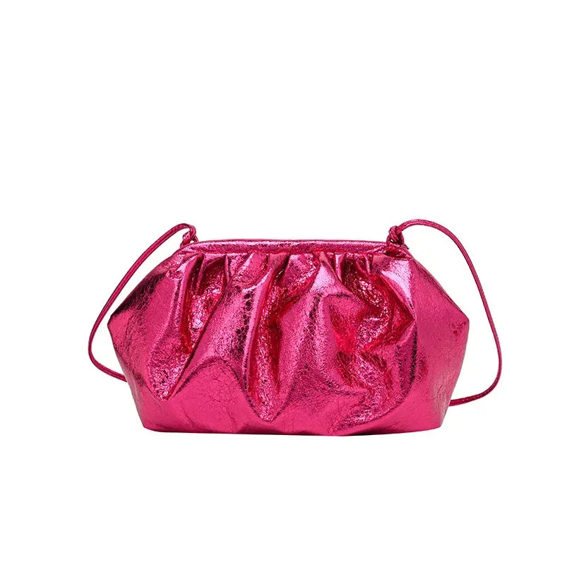 Small Luxury Design Women's Leather Silver Cloud Bag | Gold Crossbody & Ladies Party Clutch Purse (Sequined, Ruched Handbag) Luxegan