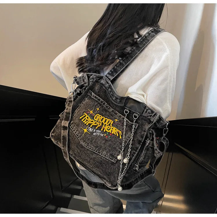 Large Capacity Denim Bag for Women | Casual Versatile Crossbody Commuting Bag | Travel Storage Bucket Handbag Luxegan