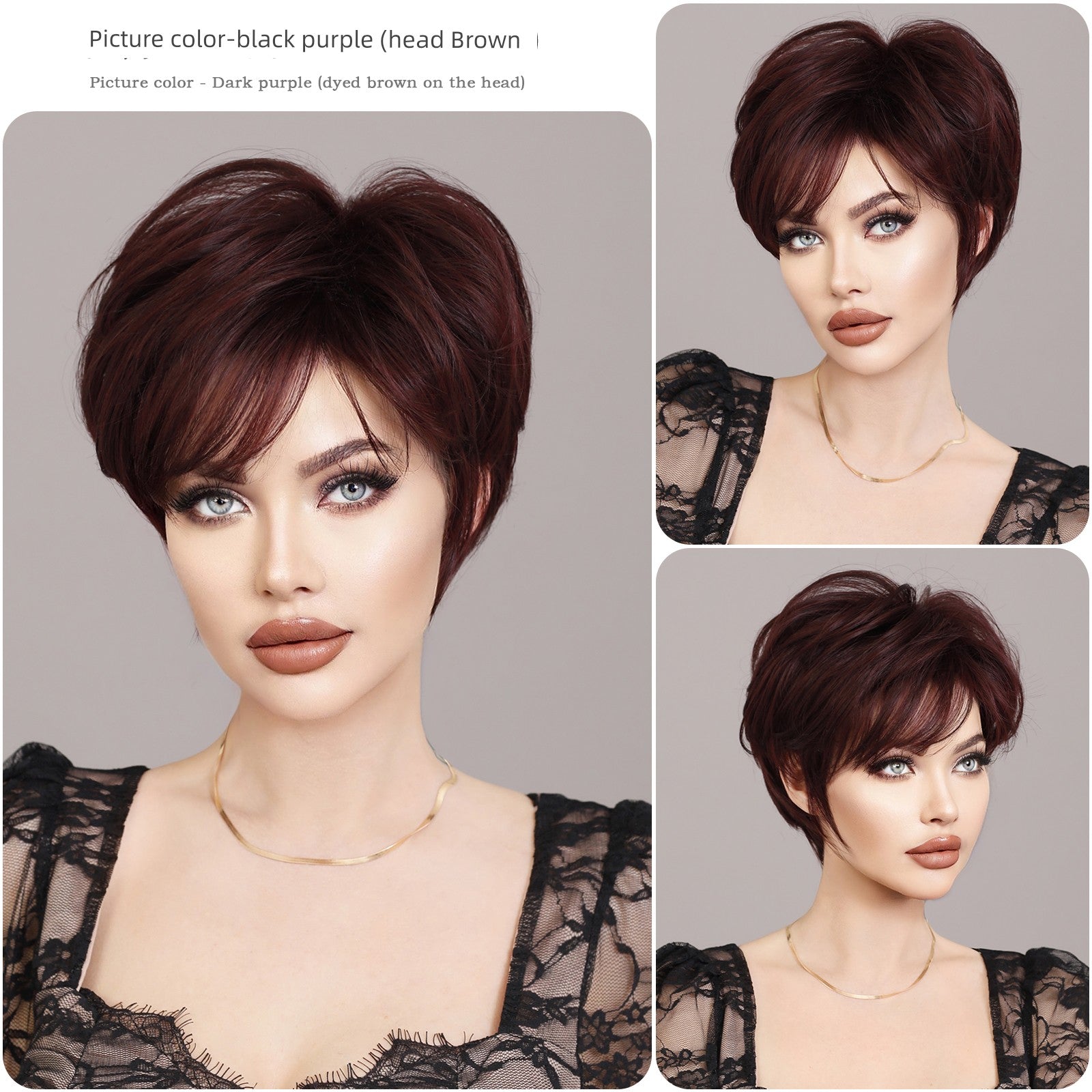 European & American Short Platinum Highlight Black Wig | Full Head Cover Artificial Human Hair Wig for Women (Natural Hairstyle with Oblique Bangs) Luxegan