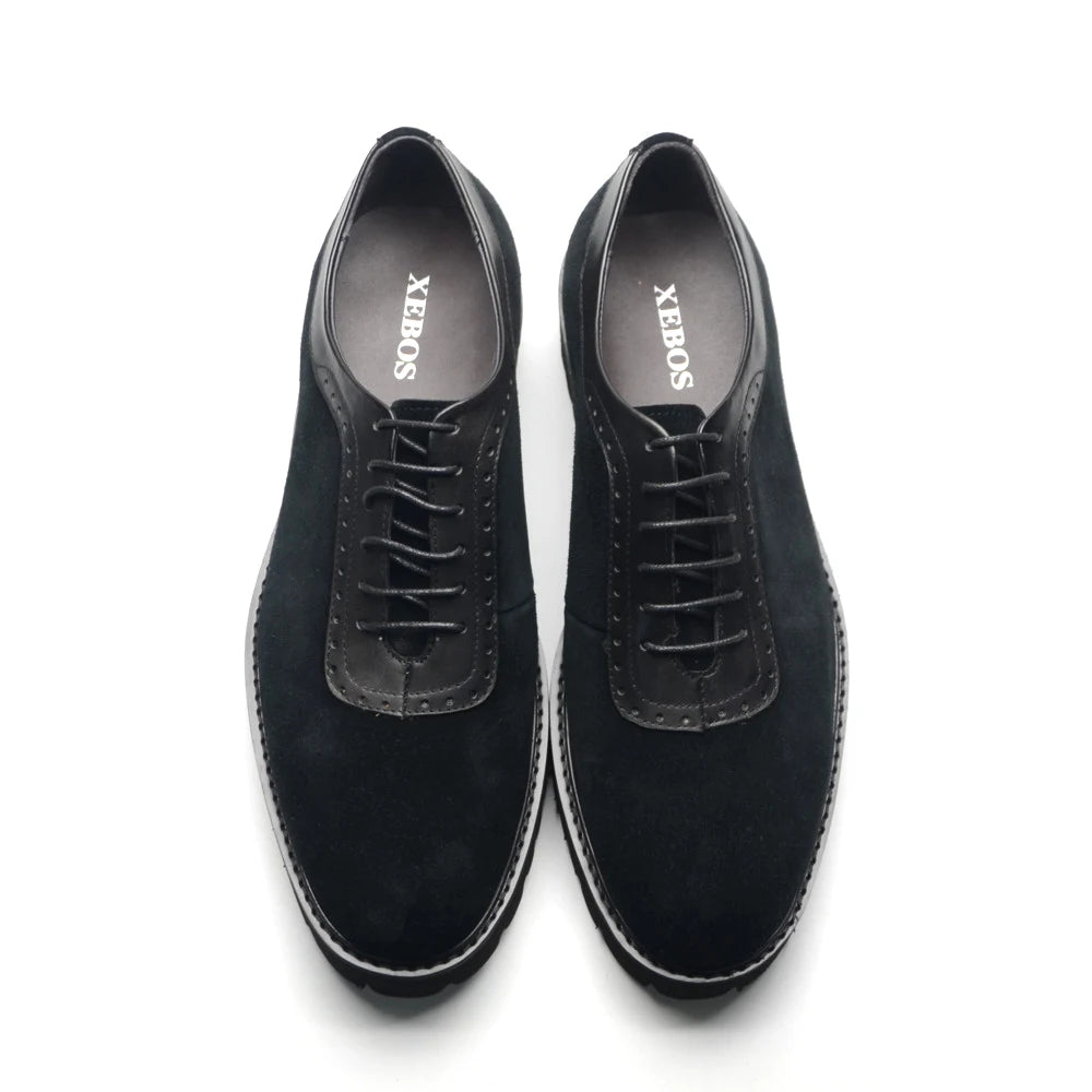 Designer Luxury Platform Oxfords for Men | Cow Suede Genuine Leather Black & Blue Casual Sneakers (Height Increasing) Luxegan