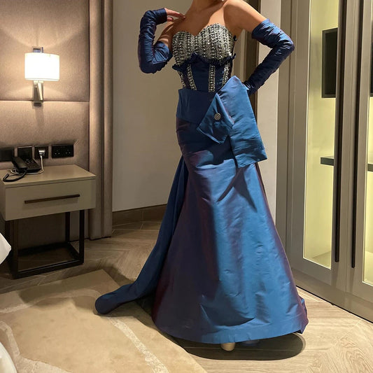 Crystal Draped Backless Mermaid Evening Gown | Strapless Full Sleeve Floor-Length Prom Dress - view 2