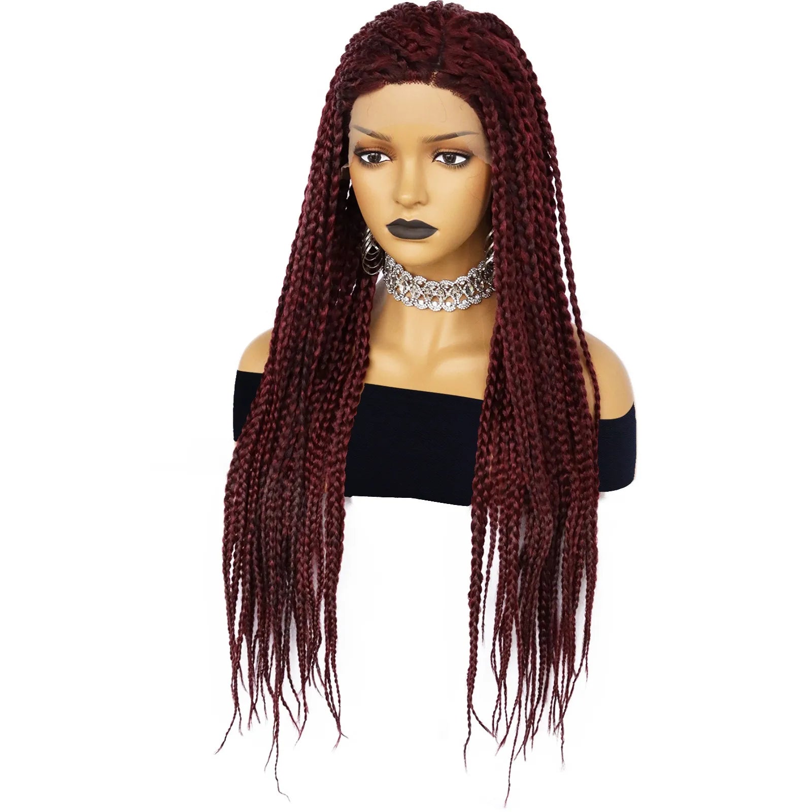 Wine Red 28" Long Braided Lace Front Wig | Synthetic Dreadlocks | Knotless Cornrow Twist | For Women