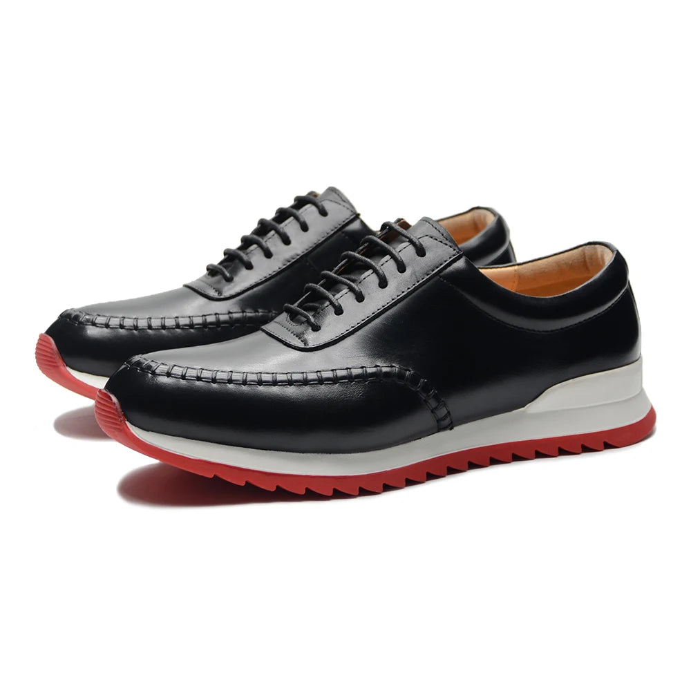 Classy Men's Genuine Leather Low Top Sneakers | Red Bottom Lace-Up Casual Dress Shoes (Breathable) Luxegan