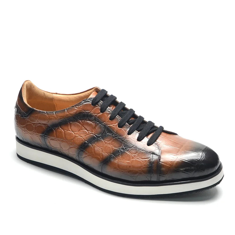Men's Fashion Casual Sneakers | Genuine Cowhide Leather Crocodile Pattern Skateboard Shoes (Lace-up, Non-slip) Luxegan