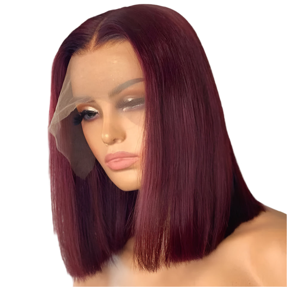 Burgundy HD Transparent Short Bob Wig | 99J Red Straight | 13x6x1 Lace Front Wig | Brazilian Remy Hair | Pre-Plucked