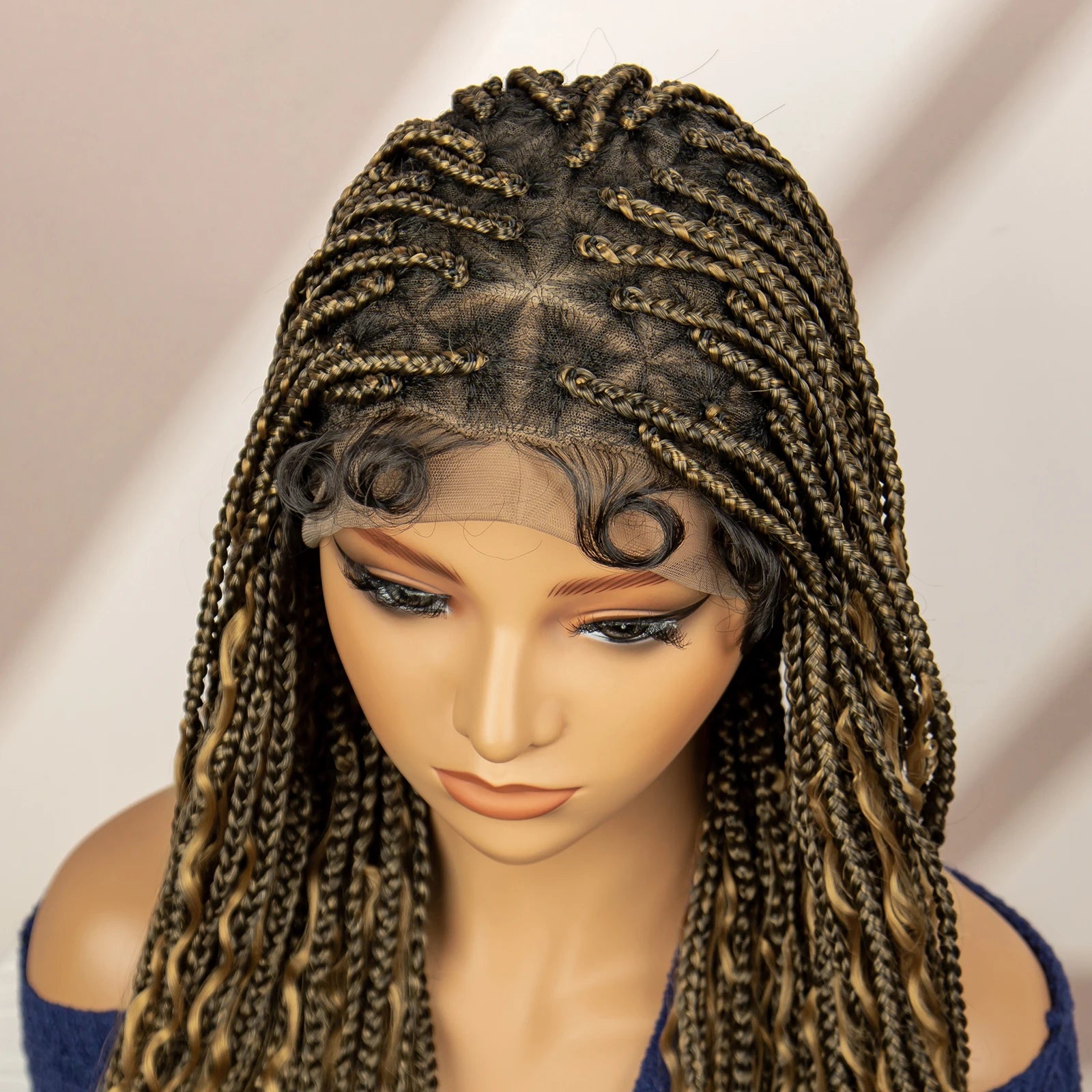 Boho Box Braided Wig with Curly Hair | Goddess Locs Accents | Full Lace Brown Braids Wig | Bohemian Box Braid Wig
