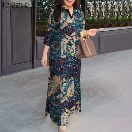 Floral Print Cotton Maxi Shirtdress | Lapel 3/4 Sleeve Oversized Boho Sundress Luxegan