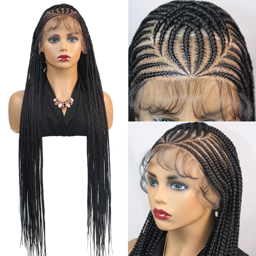 36" Boho Knotless Box Braids Wig | Full Lace | Cornrows & Curly Ends | Synthetic Braided Wig
