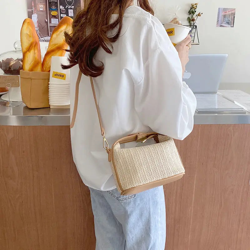 Bohemian Small Knitting Straw Bucket Bag | Casual Summer Crossbody Luxegan