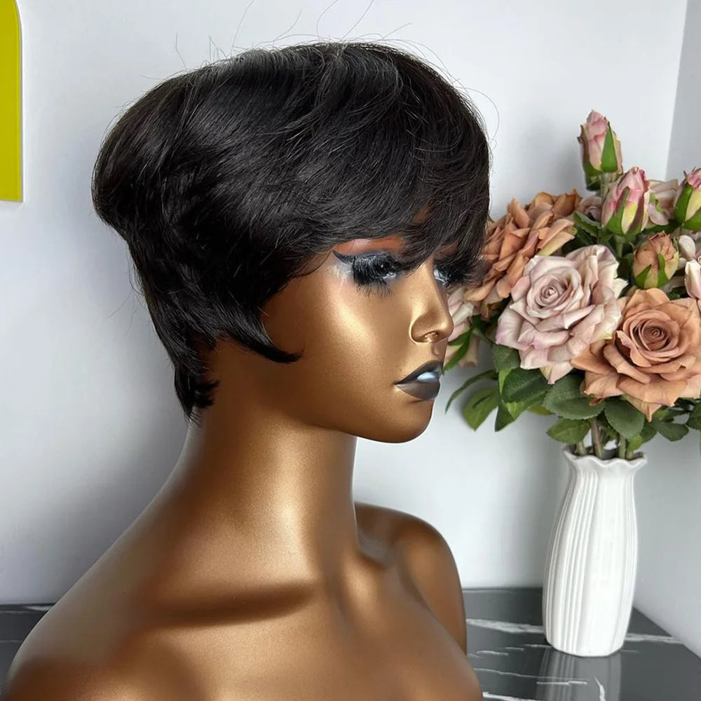 Short Pixie Cut Wig Human Hair | Machine Made Wig with Bangs | Brazilian Remy Hair | Pixie Wig for Black Women
