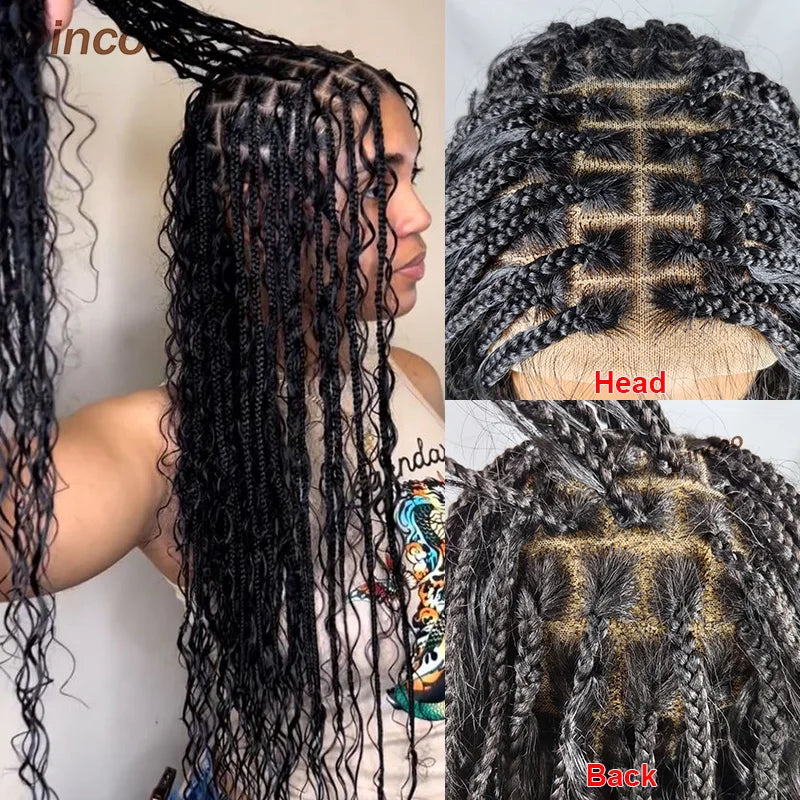 Long 32 Boho Braided Full Lace Front Wigs Synthetic Blonde Curly Goddess Locs Cornrows Wigs Pre Plucked Baby Hair Box Braids Wig Luxegan