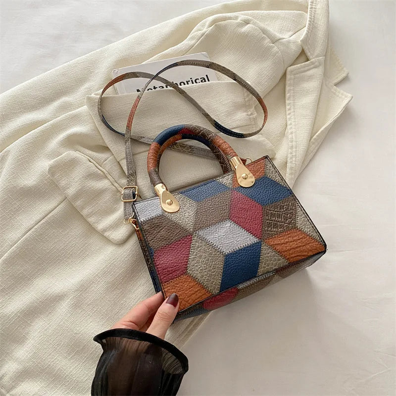 Fashion Patchwork PU Leather Top-Handle Bag | Trendy Square Design Ladies Handbag | Casual Daily Crossbody Shoulder Bag | Designer Applique Satchel for Women (Model E553) Luxegan