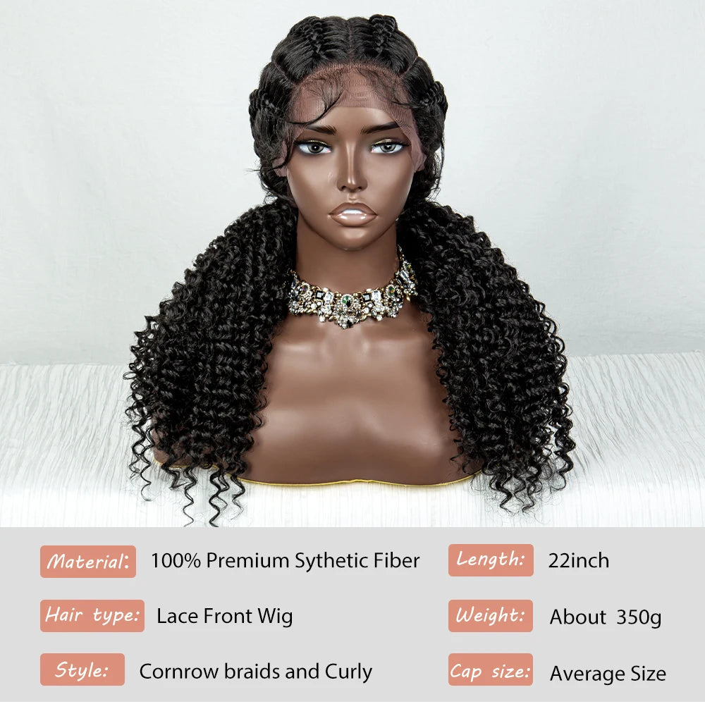 22" Box Braids Full Lace Wig | Two Curly Ponytails | Baby Hair | Synthetic Braided Wig