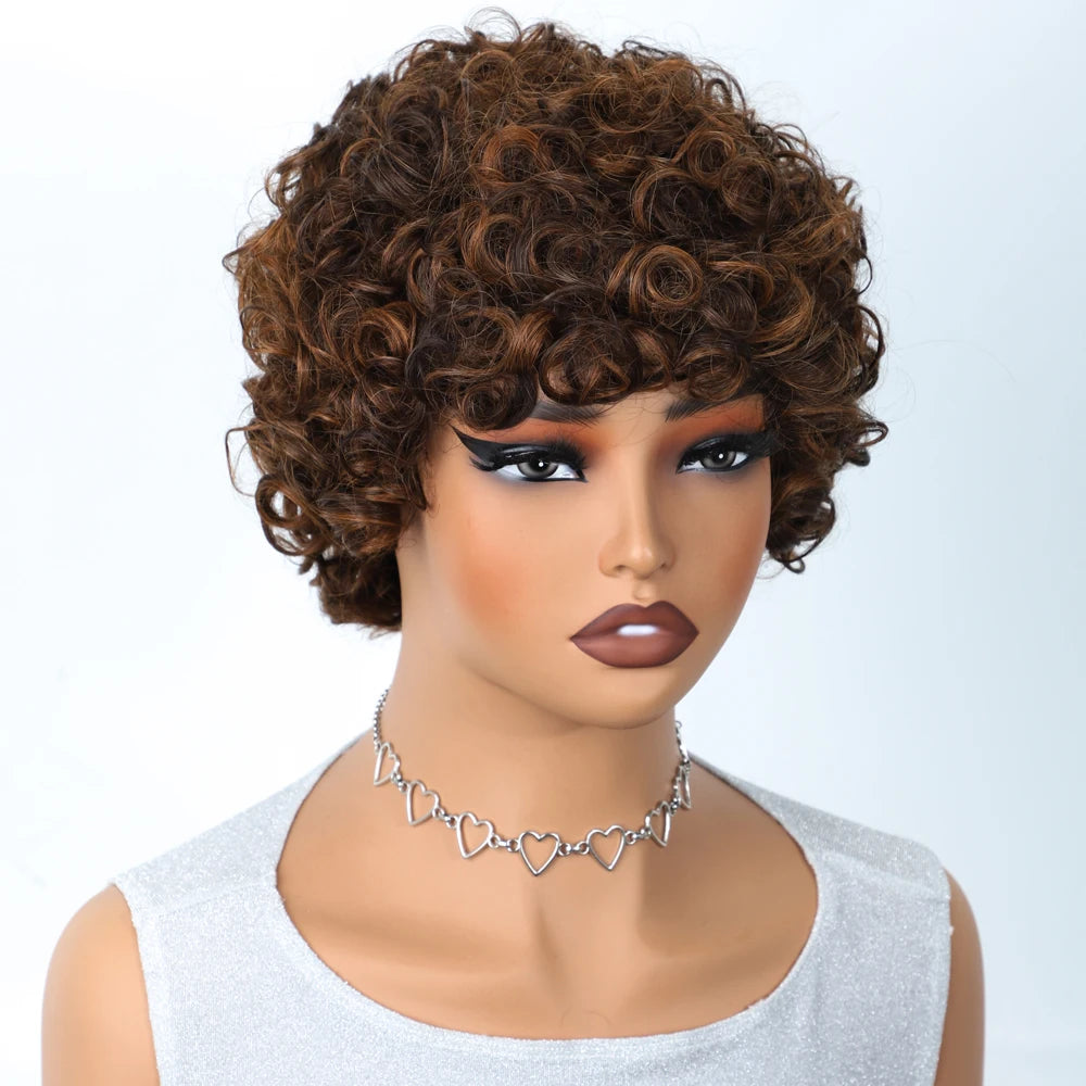 Sleek Short Pixie Afro Kinky Curly Wig with Bangs | Glueless Peruvian Remy Hair Bob Luxegan