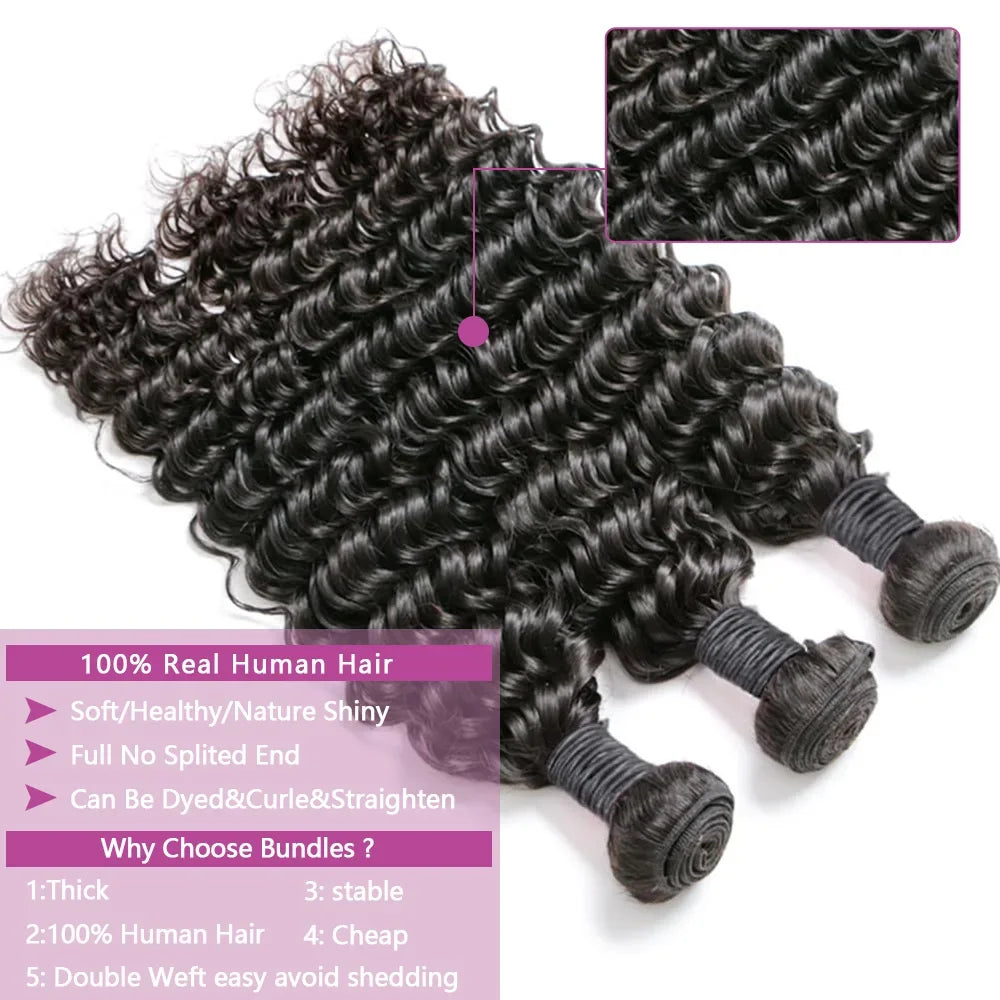 Queenlike 24 26 28 Inch Deep Wave Human Hair Bundles | Brazilian Remy Hair Extensions | Deep Curly Weave Luxegan