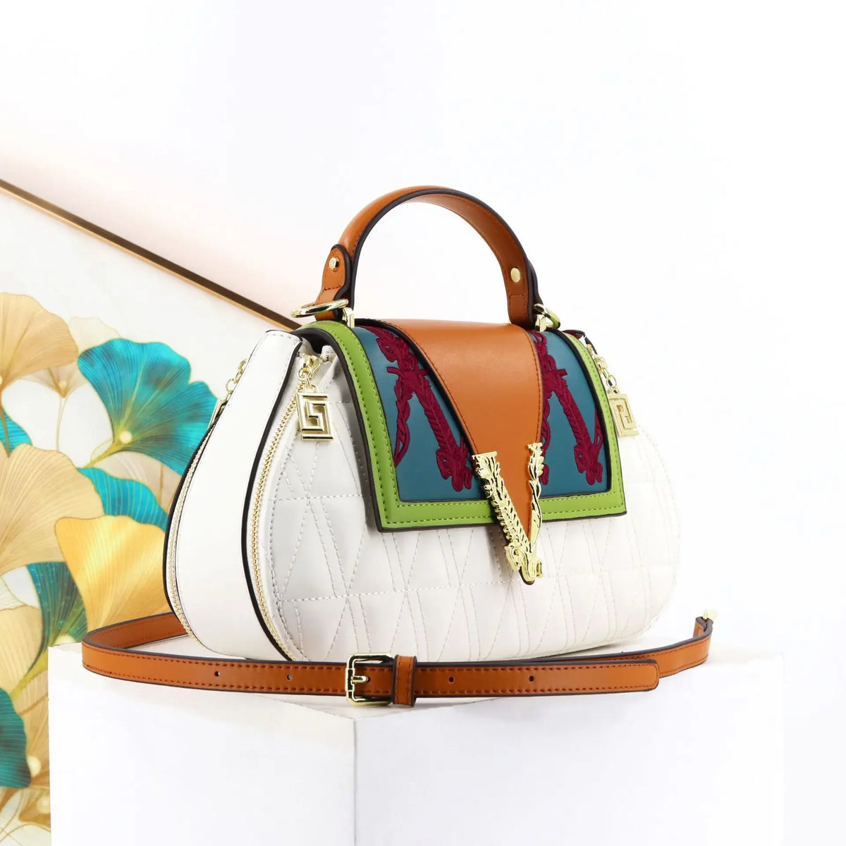 Luxury V-Signature Shell Handbag | Elegant Embroidery & Diamond Encrusted Crossbody | Premium PU Leather Ladies Shoulder Bag with Contrasting Thread Detail (Model 3454645645) Luxegan