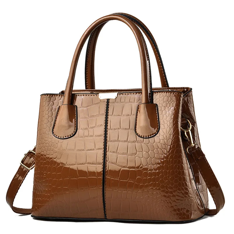 Luxury Patent PU Leather Shopping Tote | Structured Alligator Satchel Luxegan