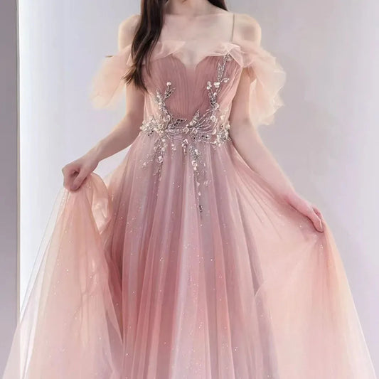Floral Sequined A-Line Evening Gown | Spaghetti Strap Sleeveless Floor-Length Prom Dress - view 2