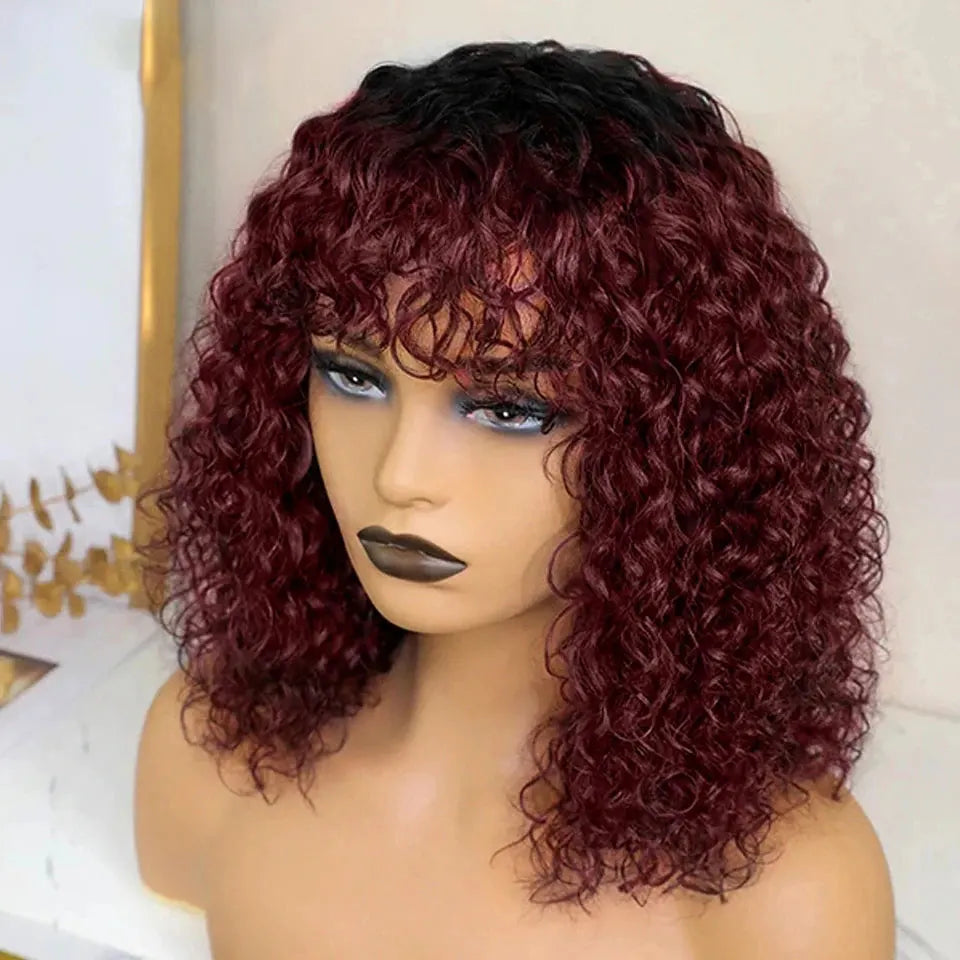 Jerry Curly Short Bob Human Hair Wig with Bangs | Glueless Highlight Honey Water Wave Blonde Wig for Women (Ready-to-Go) Luxegan
