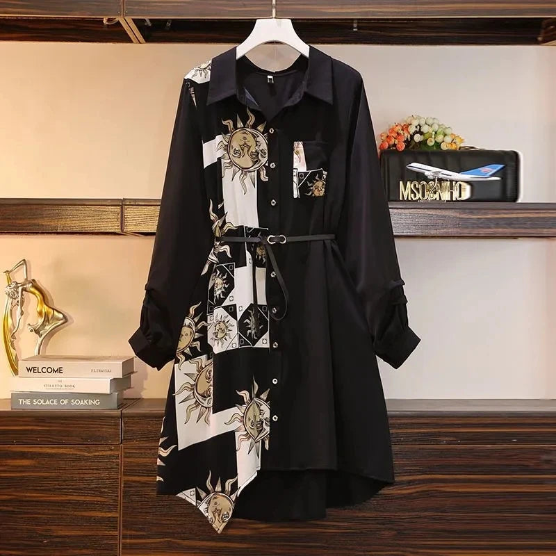 Printed A-Line Polo Neck Dress – Belted, Long Sleeve, Knee-Length Luxegan