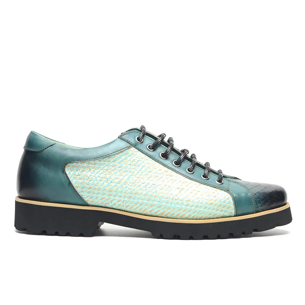 British Style Designer Men's Genuine Leather Derby Shoes | Duotone Hand-Painted Plaid Casual Sneakers (Height Increasing) Luxegan