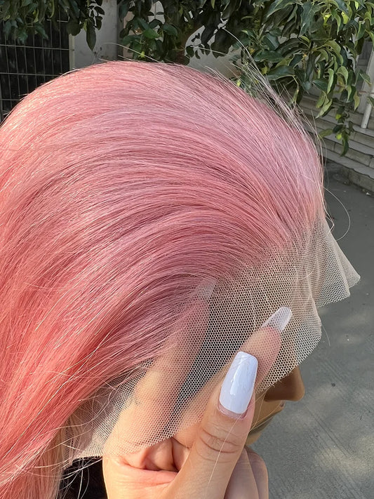 Vibrant Rose Pink Straight Short Bob Wig | 13x4 HD Transparent Swiss Lace Frontal Wig | 100% Brazilian Remy Human Hair Pre-Plucked Glueless Colored Bob for Women Luxegan