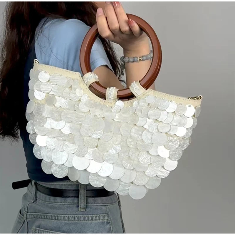 Fashion High-End Shell Bag | Niche Design Pearl Inlay Half-Moon Bag & Handmade Shell Beaded Handbag (New Versatile Crossbody) Luxegan