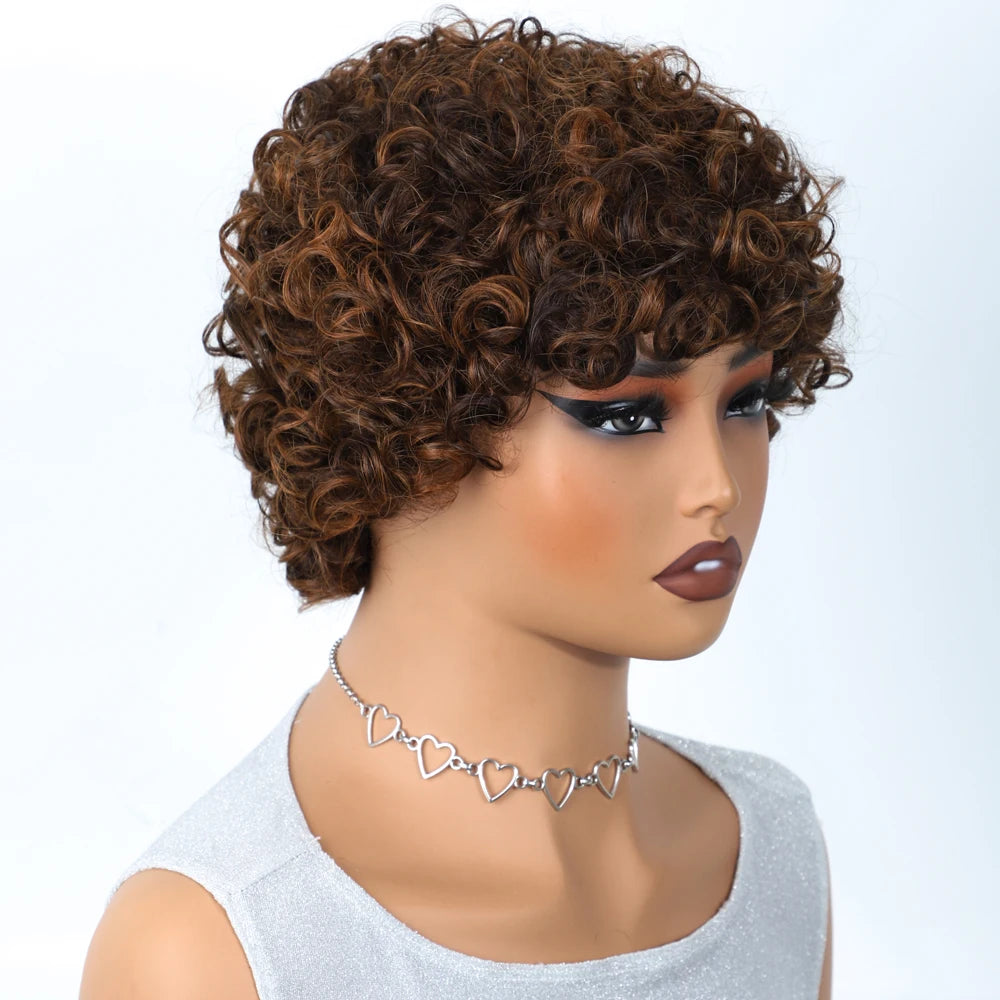 Peruvian Short Bob Pixie Afro Kinky Curly Wig with Bangs | Remy Human Hair Luxegan