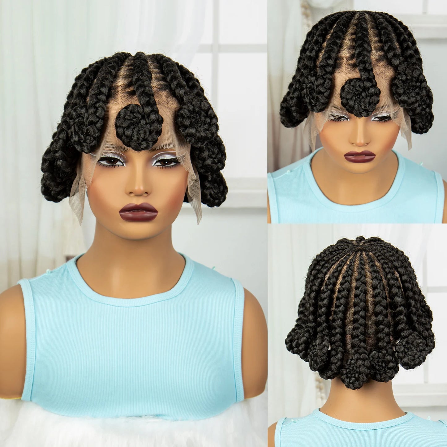Handmade Knotless Bantu Cornrow Braids Wig | Full Lace Front | Short Braids Luxegan