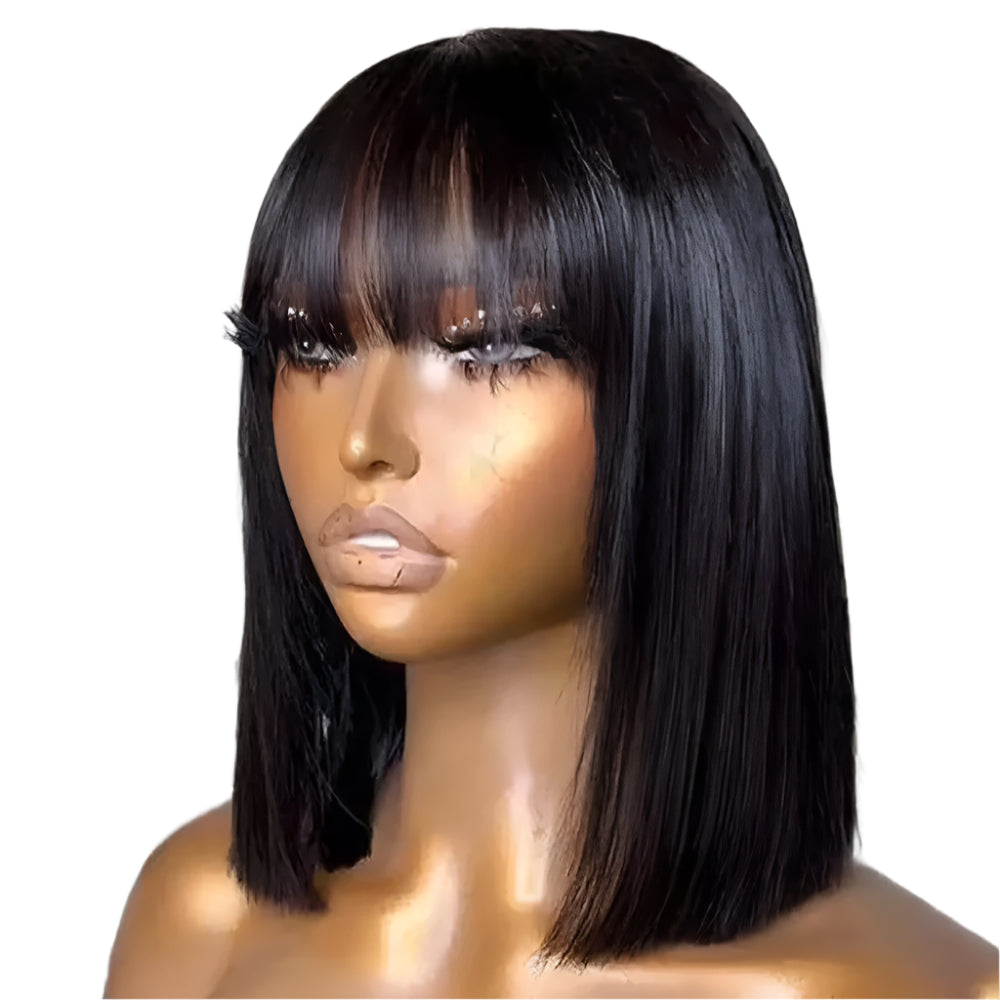 180% Density Straight Bob Wig with Bangs | Full Machine Made | Brazilian Virgin Hair | Natural Black