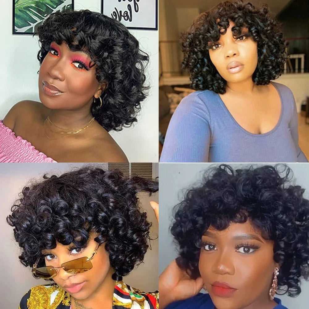 Short Curly Bob Wig Human Hair with Bangs - Glueless Funmi Curly Wig, Brazilian Remy Hair, Ready to Go
