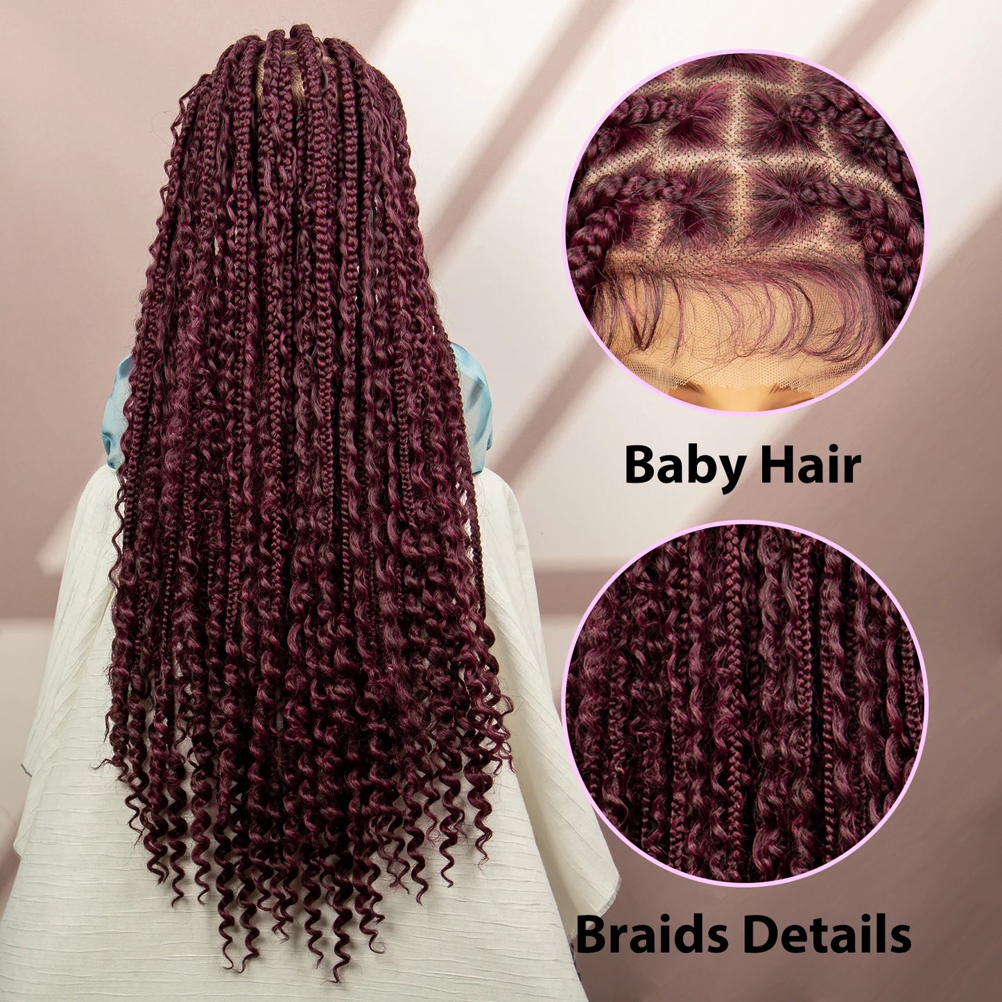 Boho Braids Full Lace Wig | Brown Box Braided Wig with Baby Hair | Kanekalon Synthetic Braiding Hair Wig