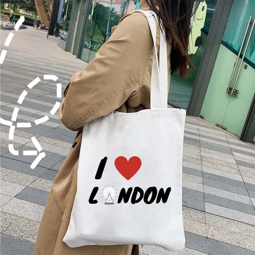 London Big Ben England Map Flag Canvas Tote Bag | UK City Landscape Skyline Shoulder Shopping Handbag (Women's Tourist Gift) Luxegan