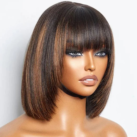 Blonde & Brown 1B/30 Straight Bob Human Hair Wig with Bangs - 3x1 Glueless Lace Closure Wear-and-Go Short Wig - 100% Brazilian Remy Bone Straight Hair Wig for Women (8-14 Inch) Luxegan