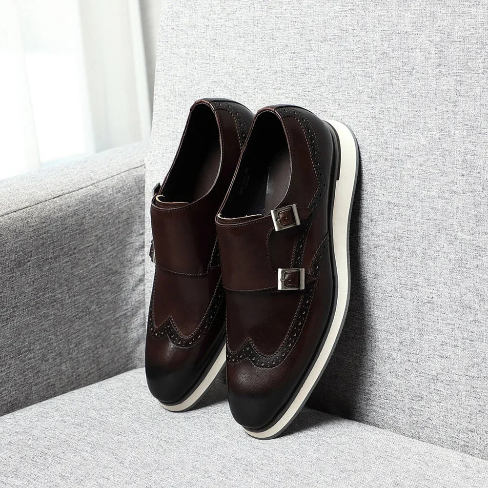Luxury Men's Double Buckle Monk Strap Flats | Genuine Leather Casual Walk Shoes (Dark Brown, Black) Luxegan
