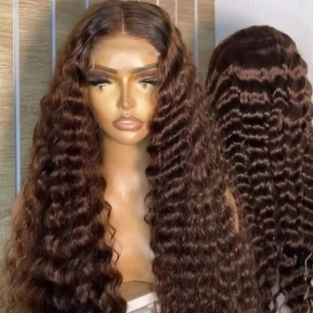Chocolate Brown Deep Wave HD Lace Wig | Sophisticated 250 Density 13x6 & 13x4 Frontal | Elegant "100% Brazilian Remy" Silhouette | "Dignified" Pre-Plucked Curly Human Hair for Radiant Versatile Styling Luxegan