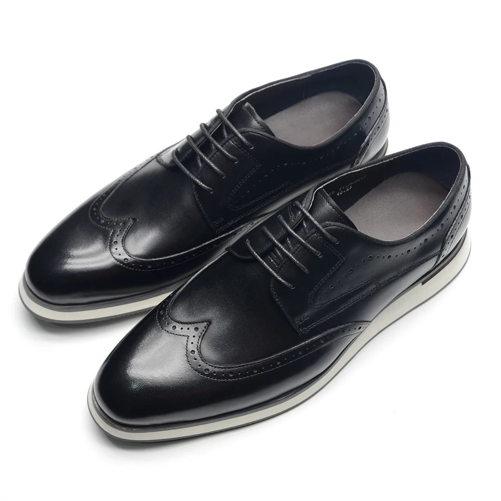 Men's Natural Cowhide Genuine Leather Derby Dress Shoes | Brogue Wingtip Flat Shoes (Black, Wine Red) Luxegan