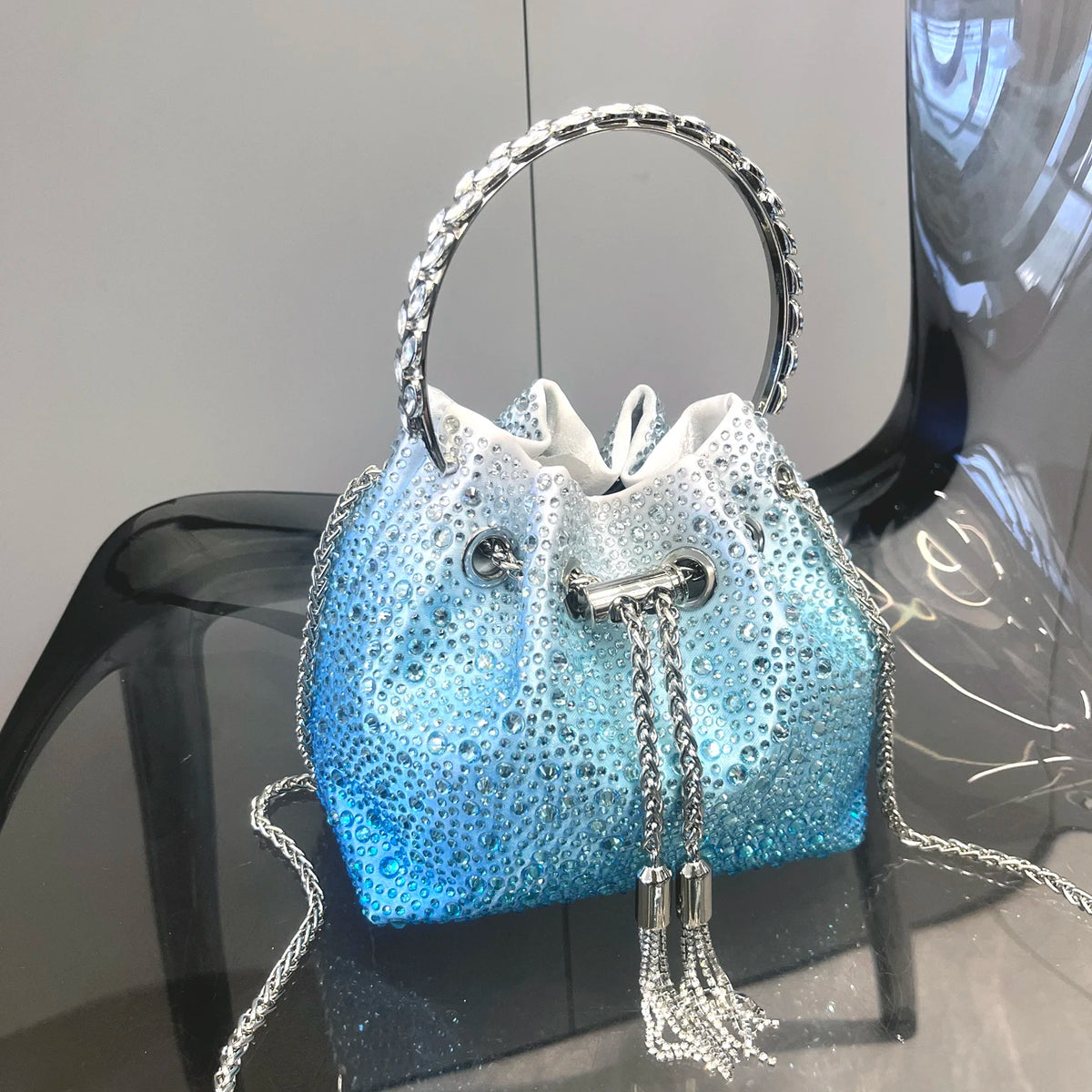 Luxury Designer Rhinestone Evening Clutch | Shiny Crystal Bucket Handbag & Fashion Shoulder Bag Luxegan