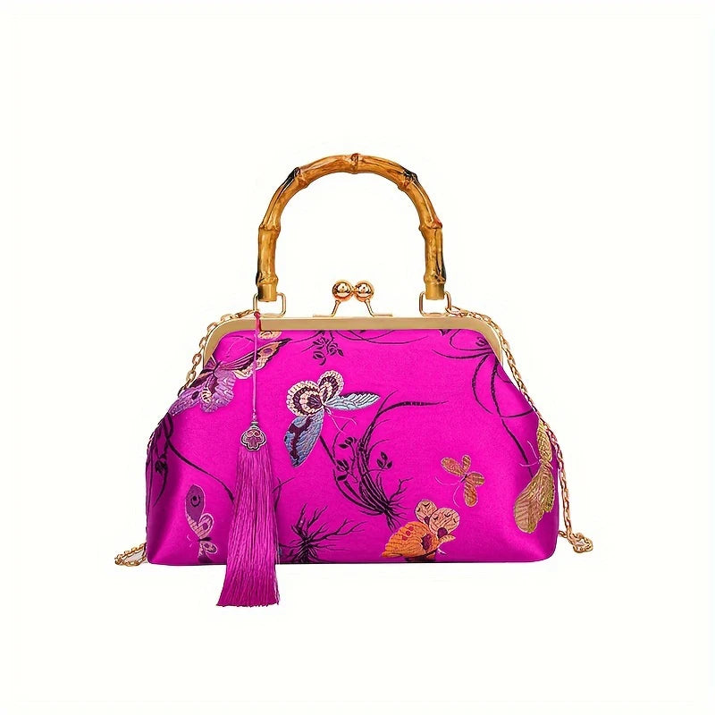 Luxury Silk Embroidered Handbag | Sophisticated "Retro Palace" Silhouette | Elegant Bamboo Handle Shell Bag | "Dignified" High-Performance Chinese Literary Dinner Clutch for Radiant Versatile Styling Luxegan