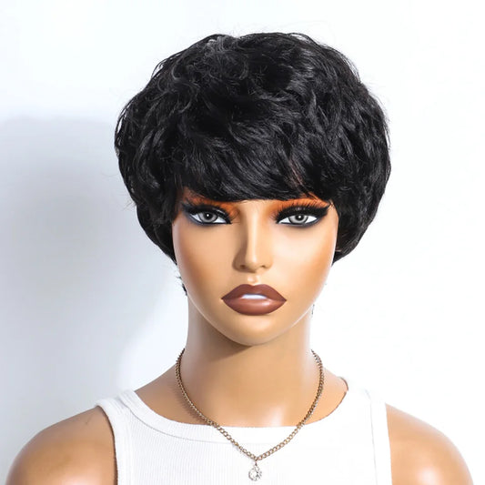 Pixie Short Cut Wavy Curly Human Hair Wig | Brazilian Remy Machine Made Wig for Women Luxegan