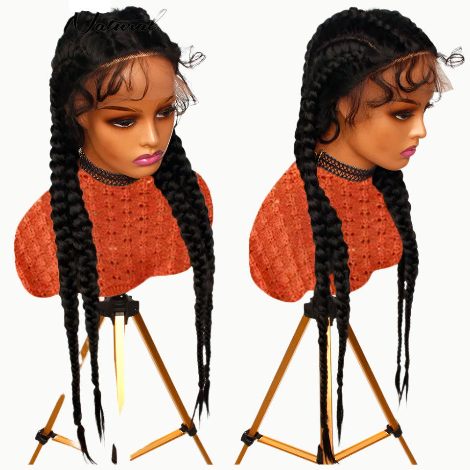 Long Cornrow Braided Lace Front Wig | Glueless Box Braids | Transparent Lace | Black Synthetic Wig
