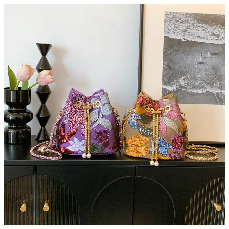 New Artistic Sequins Crossbody Bag | Fashionable Handwoven Embroidered Bucket Bag | Floral Chain Shoulder Bag with Beaded Appliques Luxegan