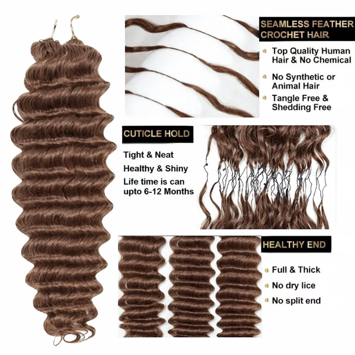 Brown Burmese Water Wave Braiding Hair | Sophisticated Knotless Pre-Separated Deep Curly Extensions | Elegant "100% Raw Virgin" Silhouette | "Dignified" Invisible Feather Crochet Human Hair for Radiant Versatile Styling Luxegan