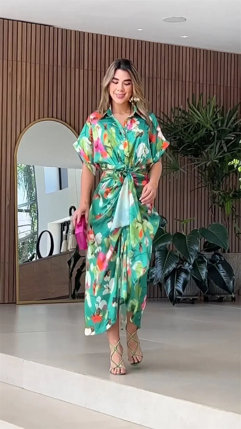 Printed Patchwork Shirt Dress – Turn-Down Collar, Belted, Short Sleeve, A-Line Luxegan