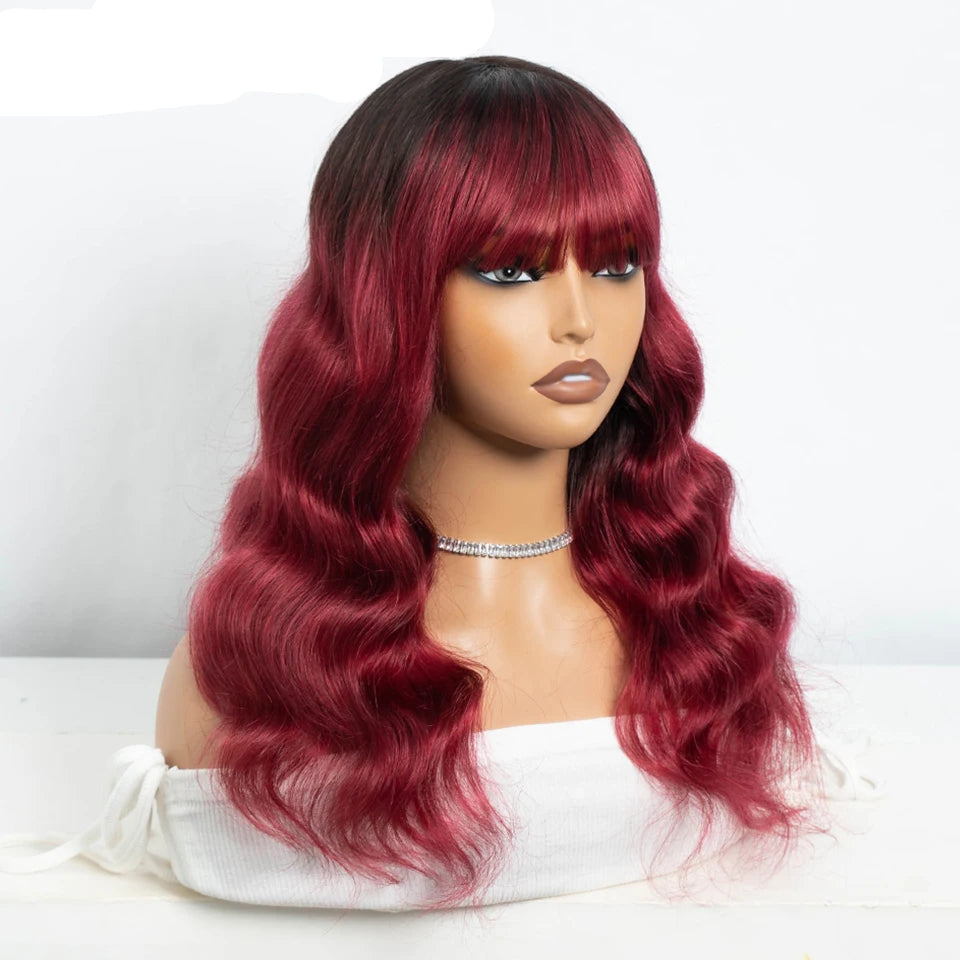 22" T1B/Purple Body Wave Wig with Bangs | "Put On & Go" Full Machine Made Human Hair Luxegan