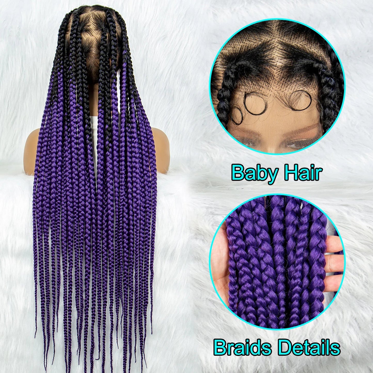36" Purple Knotless Box Braids Wig | Transparent Full Lace | Baby Hair | Synthetic Luxegan