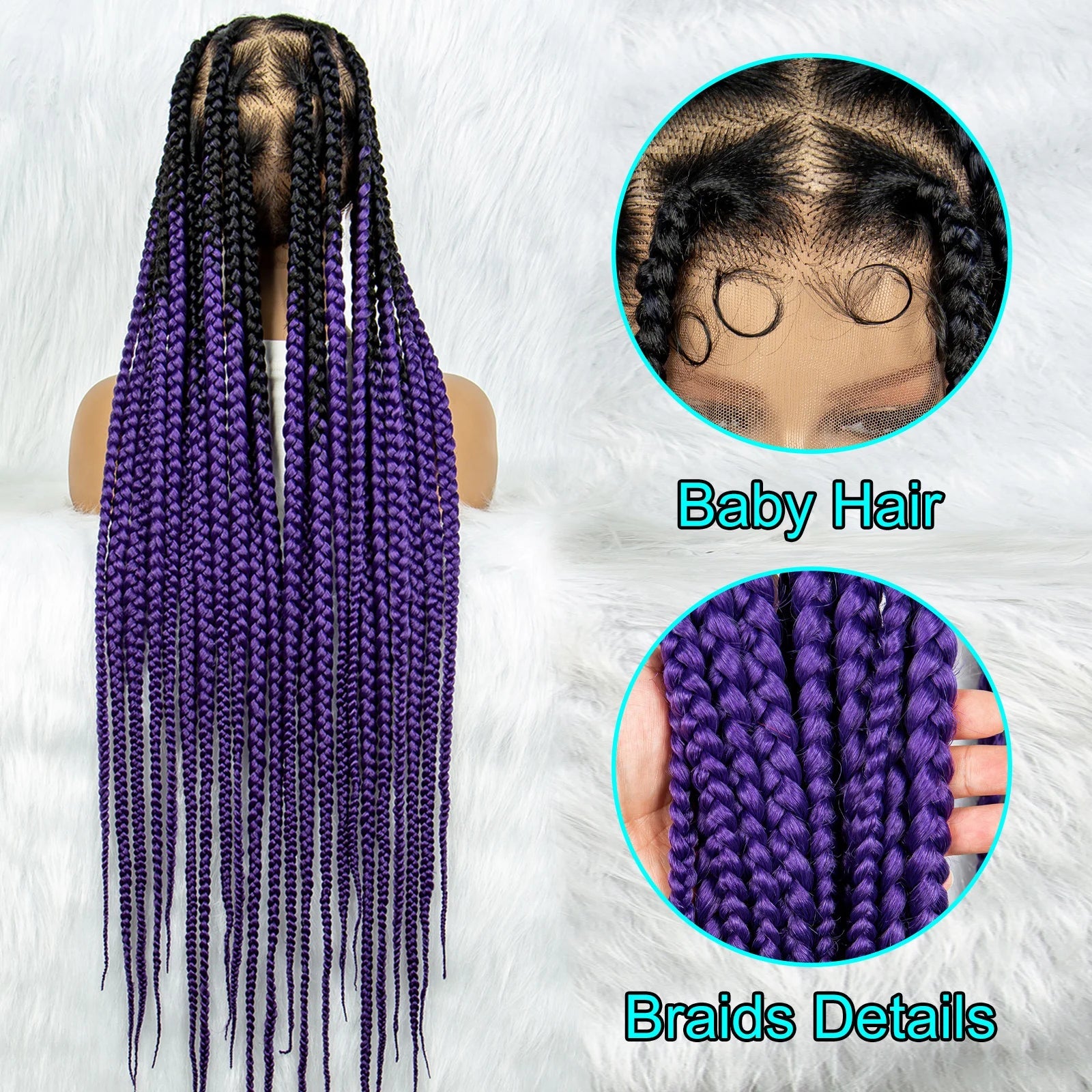 36" Purple Knotless Box Braids Wig | Transparent Full Lace | Baby Hair | Synthetic Luxegan