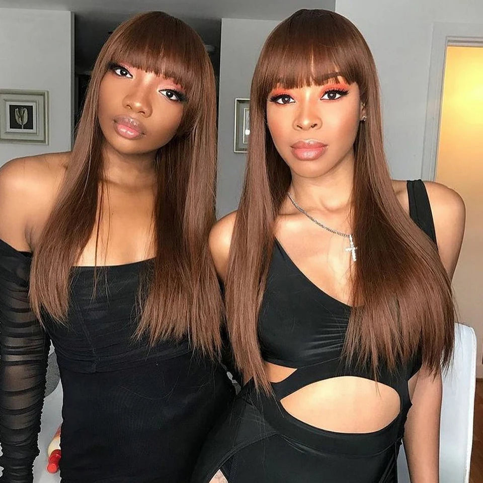 26-Inch Natural Brown Kinky Curly Wig | Sophisticated "Snug Fit" Machine-Made Silhouette | Elegant "High-Temperature Fiber" with Bangs | "Dignified" Glueless Cosplay & Daily Hair for Radiant Versatile Styling Luxegan